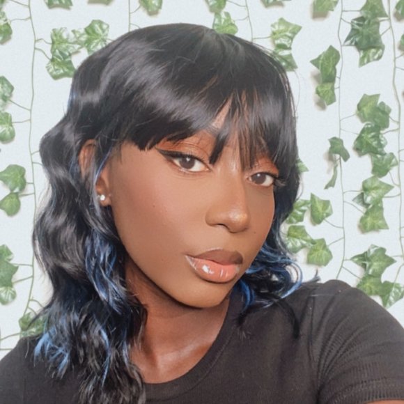 Women 14 Inches Black Mixed Blue Synthetic Short Curly Wigs with Bangs - Picture 11 of 15